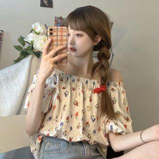 Off-shoulder Floral Print Blouse Floral - White - One Size