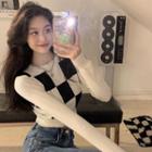 Long-sleeve Checkerboard Cropped Knit Top