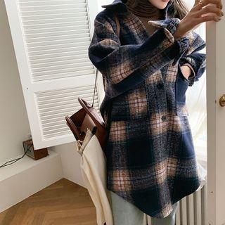 Longline Plaid Shirt Jacket Navy Blue - One Size