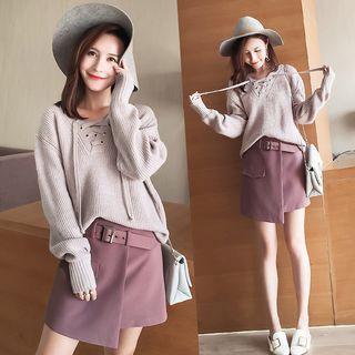 Set: Lace-up Sweater + Asymmetric A-line Skirt