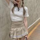 Short-sleeve Mock Two-piece T-shirt / Plaid Mini Pleated Skirt / Set