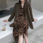 Single-breasted Blazer / Flower Print Long-sleeve Midi Shift Dress