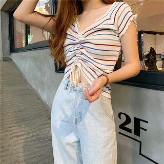 Striped V-neck Short-sleeve Slim-fit Cropped Top