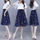 Set: Bell-sleeve Top + Midi Floral A-line Skirt
