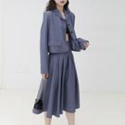 Set: Long-sleeve Open-collar Shirt + Pleated A-line Midi Skirt