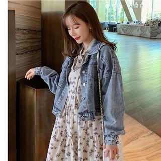 Denim Jacket / Floral Long-sleeve A-line Dress / Pleated Skirt