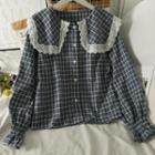 Lace-trim Peter Pan-collar Checker Loose Shirt