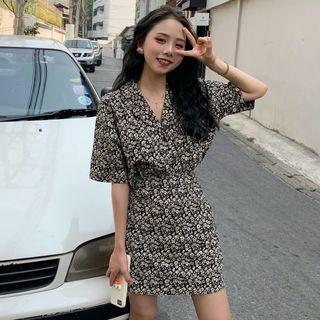 Set: Floral Short-sleeve Shirt + Mini Skirt Set - As Shown In Figure - One Size