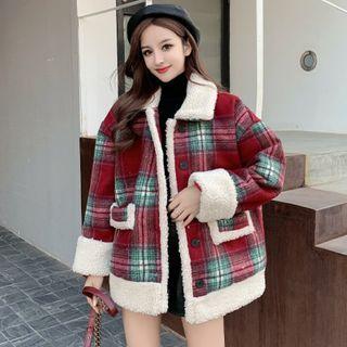 Plaid Fleece Trim Button Coat