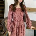 Long-sleeve Floral Print Corduroy Midi A-line Dress Red - One Size