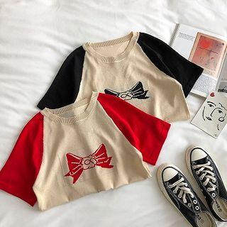 Printed Color-block Short-sleeve Knit Top