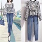 Set: Long-sleeve Floral Print Peplum Blouse + Straight Leg Jeans