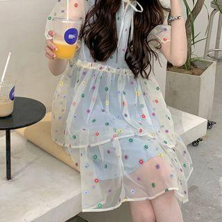 Short-sleeve Mock Two-piece Floral A-line Dress