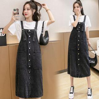 Denim Button-up Midi Overall Dress