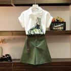 Set: Short-sleeve Printed Shirt + Wide-leg Shorts With Belt