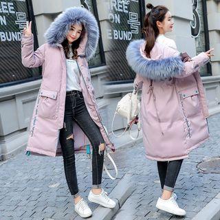 Furry-trim Hooded Lettering Padded Zip Coat