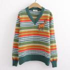 Embroidered Striped Knit Top Green - One Size