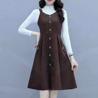 Set: Long-sleeve Plain Knit Top + Single-breasted A-line Jumper Dress