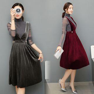 Set : Mesh Panel Velvet Top + Sleeveless Dress