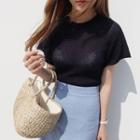 Short-sleeve Ribbed Knit Top Navy Blue - One Size
