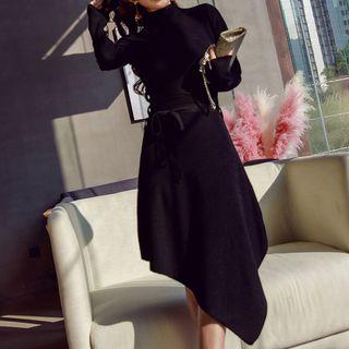 Mock Turtleneck Long-sleeve Midi Asymmetric Knit Dress