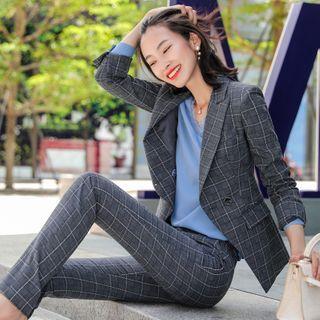 Set: Plaid Blazer + Long-sleeve Blouse + Dress Pants