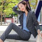 Set: Plaid Blazer + Long-sleeve Blouse + Dress Pants