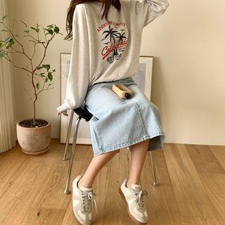 Washed Slit-back Long Denim Skirt