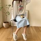 Washed Slit-back Long Denim Skirt