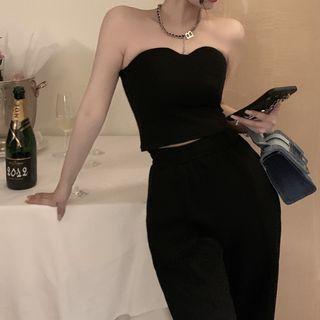Plain Cropped Tube Top / Loose Fit Pants