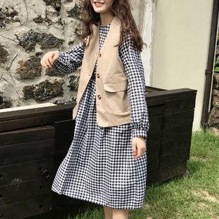 Set: Gingham Long-sleeve Dress + Vest