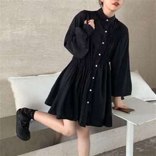Bell-sleeve Pleated Slim-fit Mini Dress