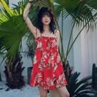 Strappy Floral Print Mini Dress Red - One Size