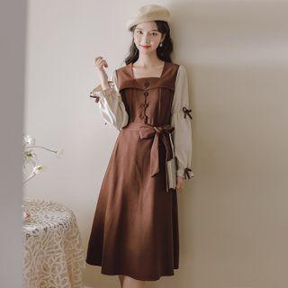 Long-sleeve Tie-waist Bow-accent Midi A-line Dress