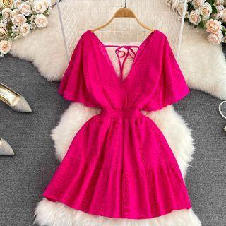 V-neck Eyelet Ruffle A-line Dress Rose Pink - One Size