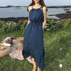 Spaghetti Strap Buttoned Denim Midi Dress