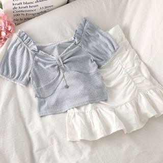 Puff-sleeve Butterfly Chain Cropped Blouse / High-waist Plain Mini Mermaid Skirt