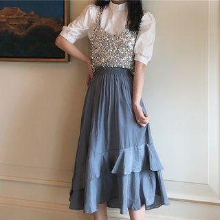 Glitter Camisole Top / Short-sleeve Top / Midi A-line Skirt