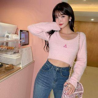 [barbie Flower] Fuzzy Crop Sweater Pink - One Size