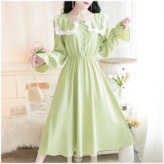 Flared-cuff Crochet Trim Midi A-line Dress