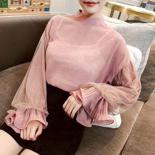 Set: Bell-sleeve Mesh Top + Camisole