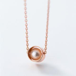 925 Sterling Silver Faux Pearl Pendant Necklace Silver Faux Pearl - Rose Gold - One Size