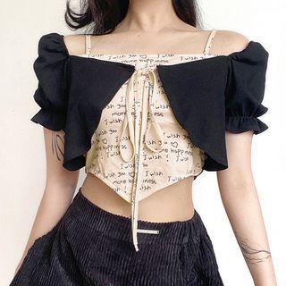 Mock Two-piece Short-sleeve Lettering Crop Top