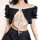 Mock Two-piece Short-sleeve Lettering Crop Top