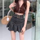 Belted Low Waist Pleated A-line Denim Skirt