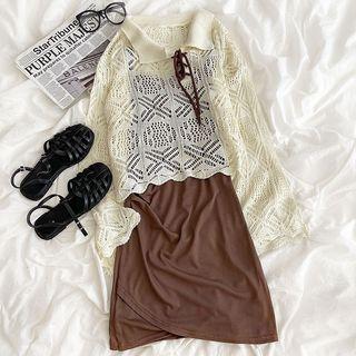 Long-sleeve Lace-up Knit Top / Plain A-line Spaghetti-strap Mini Dress