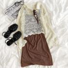 Long-sleeve Lace-up Knit Top / Plain A-line Spaghetti-strap Mini Dress