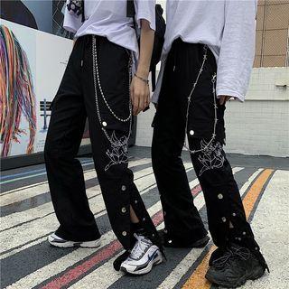 Angel Embroidered Drawstring Straight Cut Pants