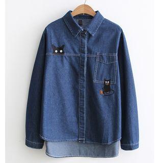 Denim Cat Embroidery Shirt