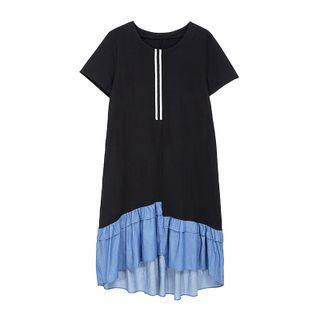 Elbow-sleeve Two-tone Midi A-line Dress Black - One Size